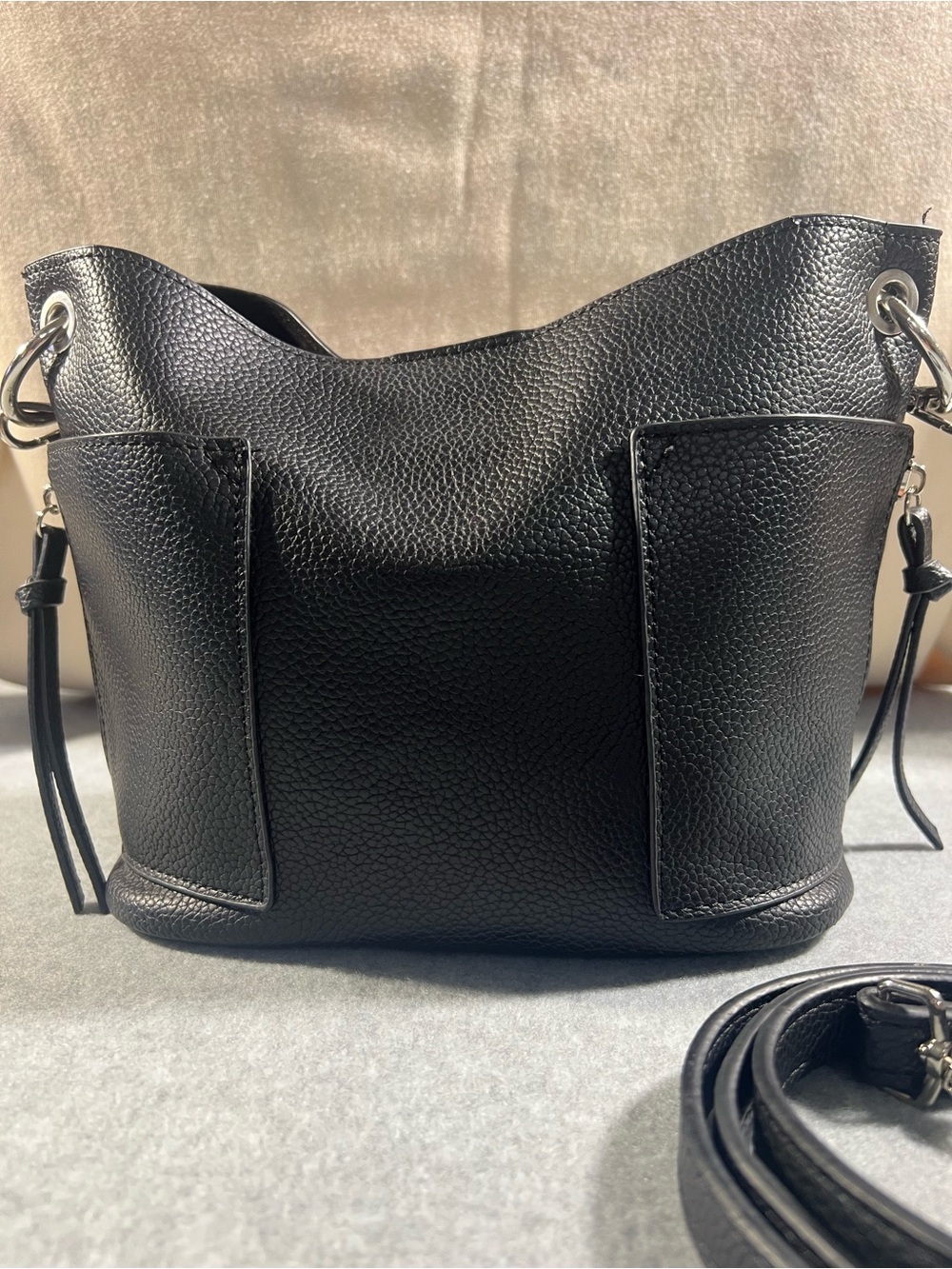 Steve Madden Black Pebbled Faux Leather Stud-Trim Bucket Bag - Picture 5 of 16